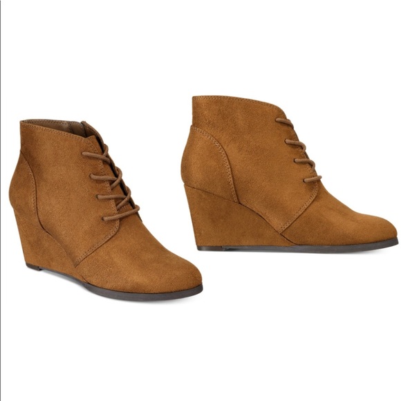 Cognac Boho Lace Up Wedge Ankle Booties - Picture 1 of 4